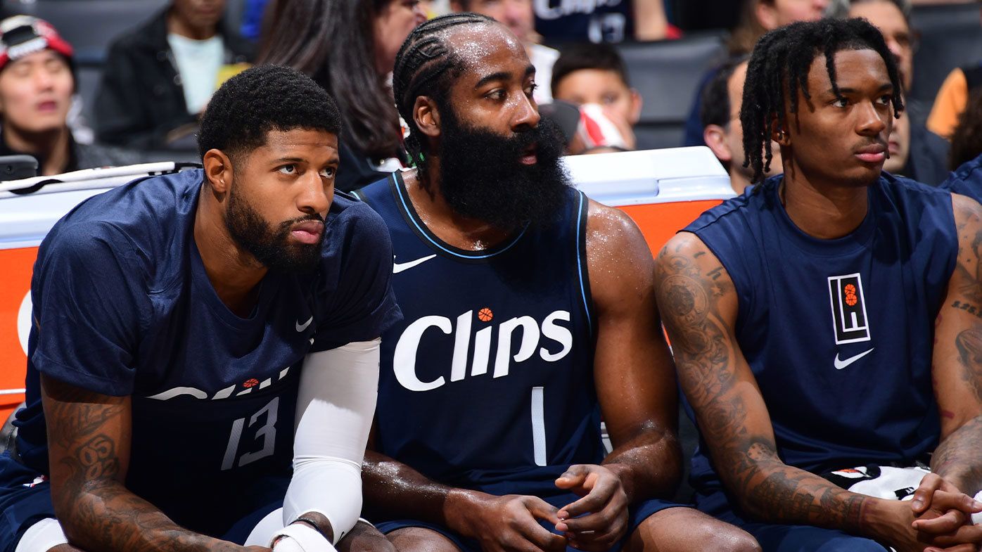 Paul George, James Harden and Bones Hyland watch from the bench during the clash against the Grizzlies