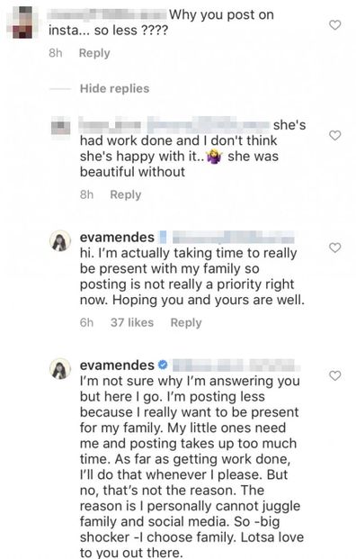 Eva Mendes responds to plastic surgery speculation on Instagram.
