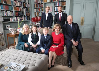 Back row from left, Marius Borg Hoiby and Crown Prince Haakon, front row from left, Crown Princess Mette-Marit, Princess Ingrid Alexandra, Prince Sverre Magnus, Queen Sonja and King Harald pose during a Christmas photo session at Skaugum, the the residence of the Crown Prince and Crown Princess of Norway, in Asker, Norway, Monday, Dec. 14, 2015. 