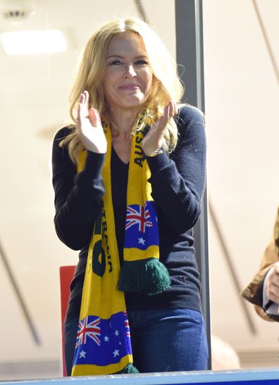 Kylie Minogue attends the Rugby World Cup Final match between New Zealand and Australia during the Rugby World Cup 2015 at Twickenham Stadium on October 31, 2015 in London, United Kingdom 