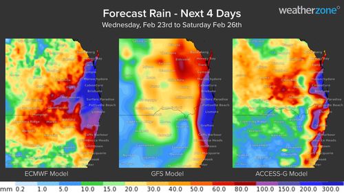 Forecast model comparison of predicted accumulated rainfall across Queensland and NSW between Thursday and Saturday.