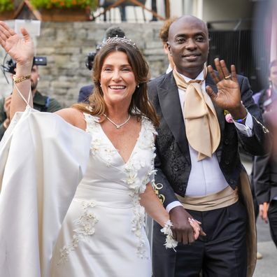 Norway's Princess Martha Louise and Durek Verrett arrive for their wedding party, in Geiranger, Norway, Saturday Aug. 31, 2024. (Heiko Junge/NTB via AP)