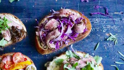 Recipe: <a href="http://kitchen.nine.com.au/2016/09/19/12/28/steak-sandwich-with-hummus-spanish-onion-and-red-cabbage" target="_top">Open steak sandwich with hummus, Spanish onion and red cabbage</a>