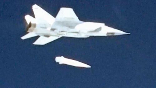 A Russian jet launches the hypersonic Kinzhal missile. (AP).