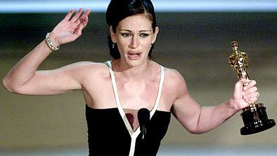 <B>The Oscar:</B> Best Actress for <I>Erin Brockovich</I>, at the 73rd Academy Awards (2001).<br/><br/><B>The speech:</B> Roberts' five-minute speech was the second longest in Oscar history, allowing her to thank her co-stars, agent and producers - but not Brockovich herself, whose story was the reason Julia won the award in the first place. Burned. Watch her horse laugh on the next slide.<br/><B>Worst bit:</B> <I>[To her shiny new Oscar statue]</I> "I can't believe this - this is quite pretty."