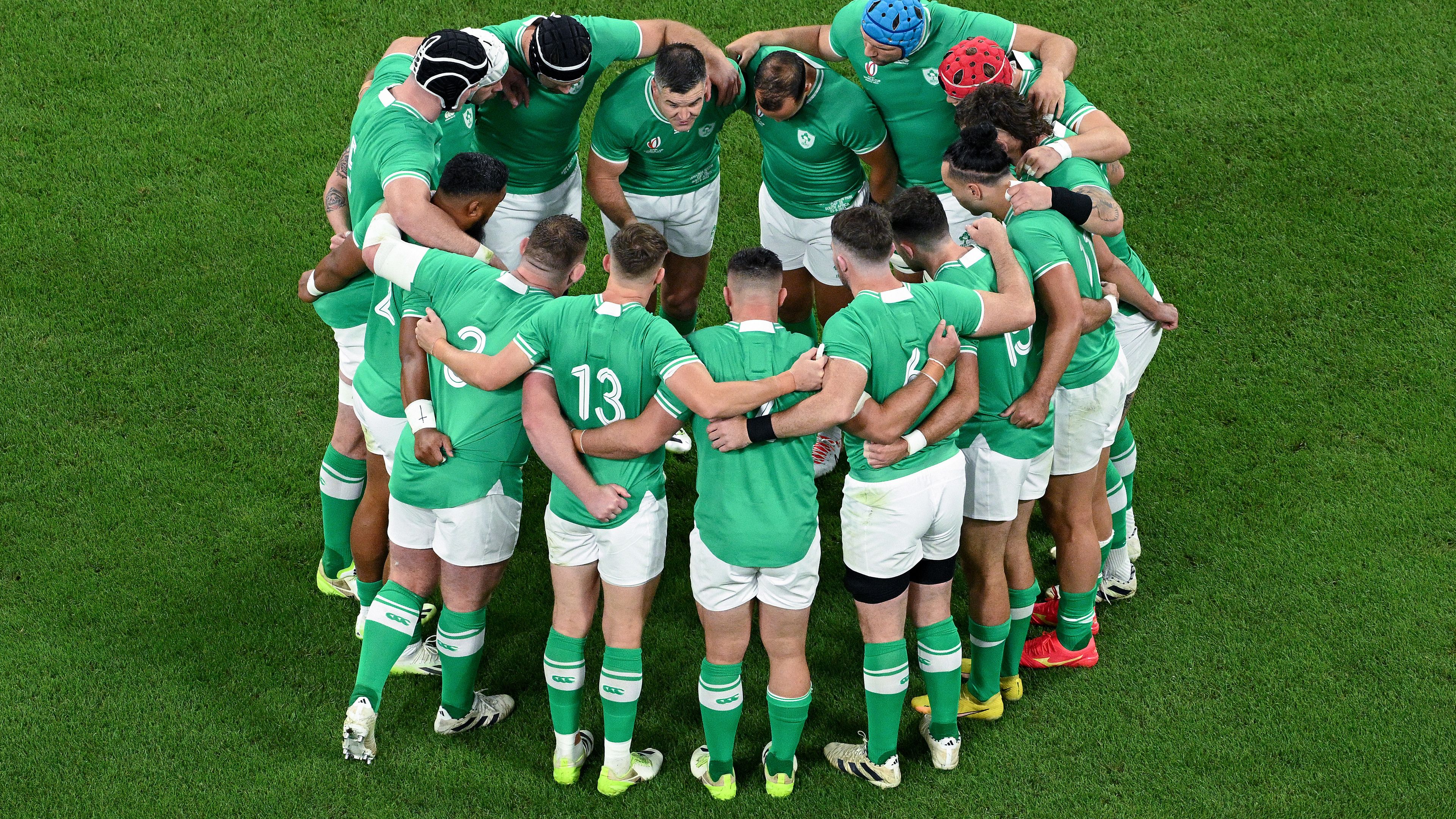 Players of Ireland huddle as Johnny Sexton gives a team talk prior to the Rugby World Cup against South Africa.