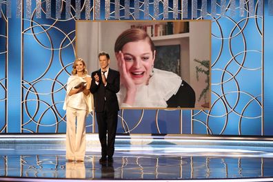 Kyra Sedgwick and Kevin Bacon announce Emma Corrin (appearing via video) as the winner of Best Television Actress  Drama Series award for The Crown at the 78th Annual Golden Globe Awards held at The Beverly Hilton and broadcast on February 28, 2021 in Beverly Hills, California.