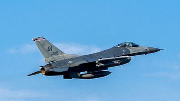 A US Air Force F-16 Fighting Falcon flies as part of joint air-to-ground training involving American and Bosnian forces, on Monday, Jan. 8, 2024. 