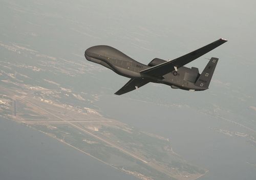 A RQ-4 Global Hawk unmanned aerial vehicle conducts tests over Naval Air Station Patuxent River, Maryland.