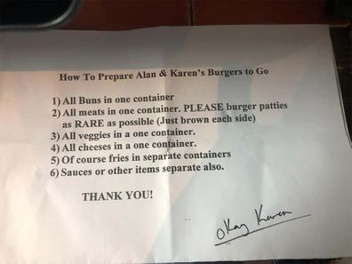 A note of customer requests with the title "How to prepare Alan and Karen's Burgers to Go"