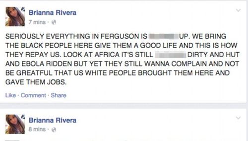 One of the racist messages posted by Fox pretending to be Ms Rivera. (Supplied)