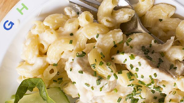 Chickeroni with crispy cos and pear salad and cucumber ribbons