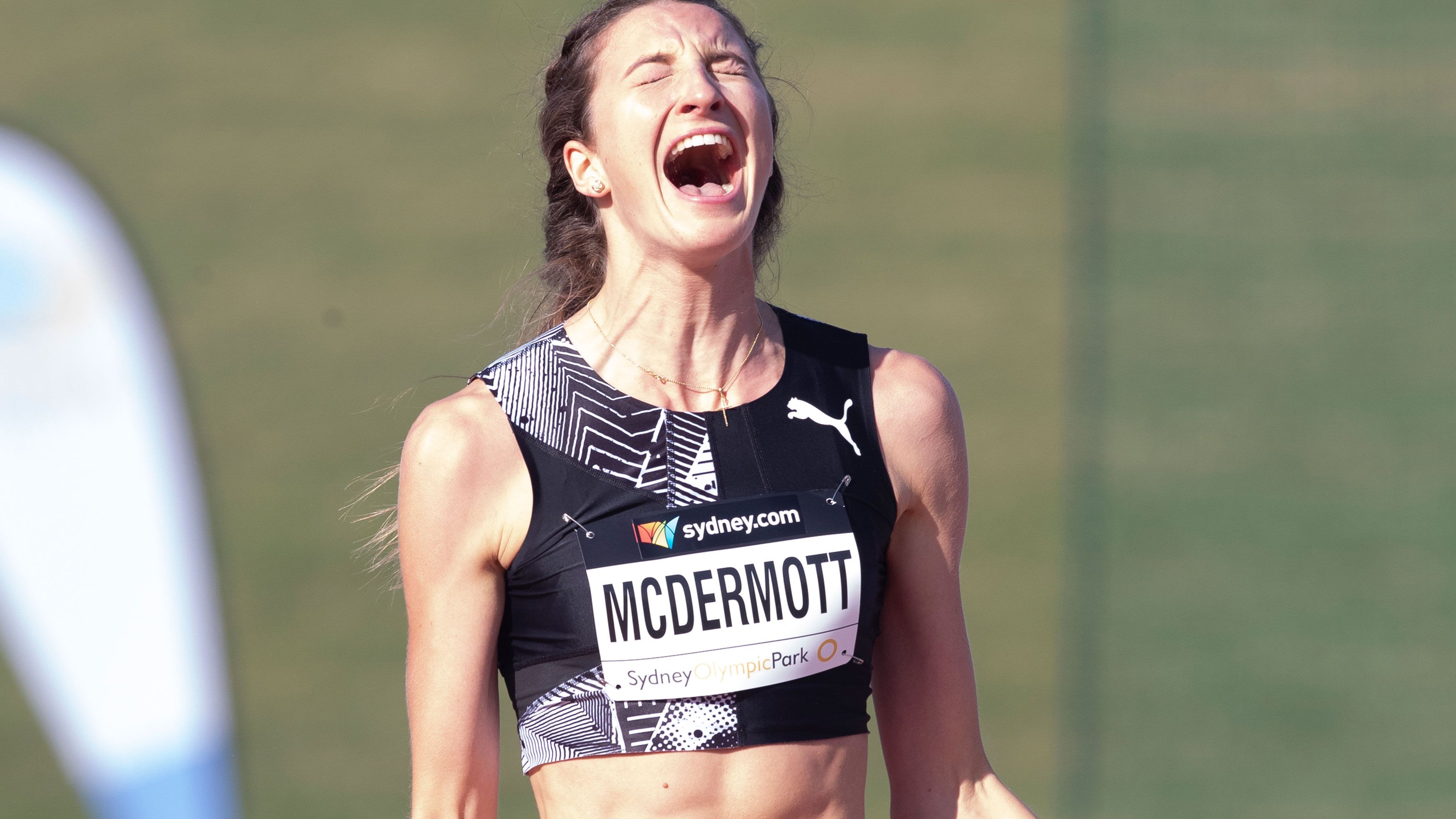 Nicola McDermott celebrates after breaking the national high jump record. Photo: Steve Christo
