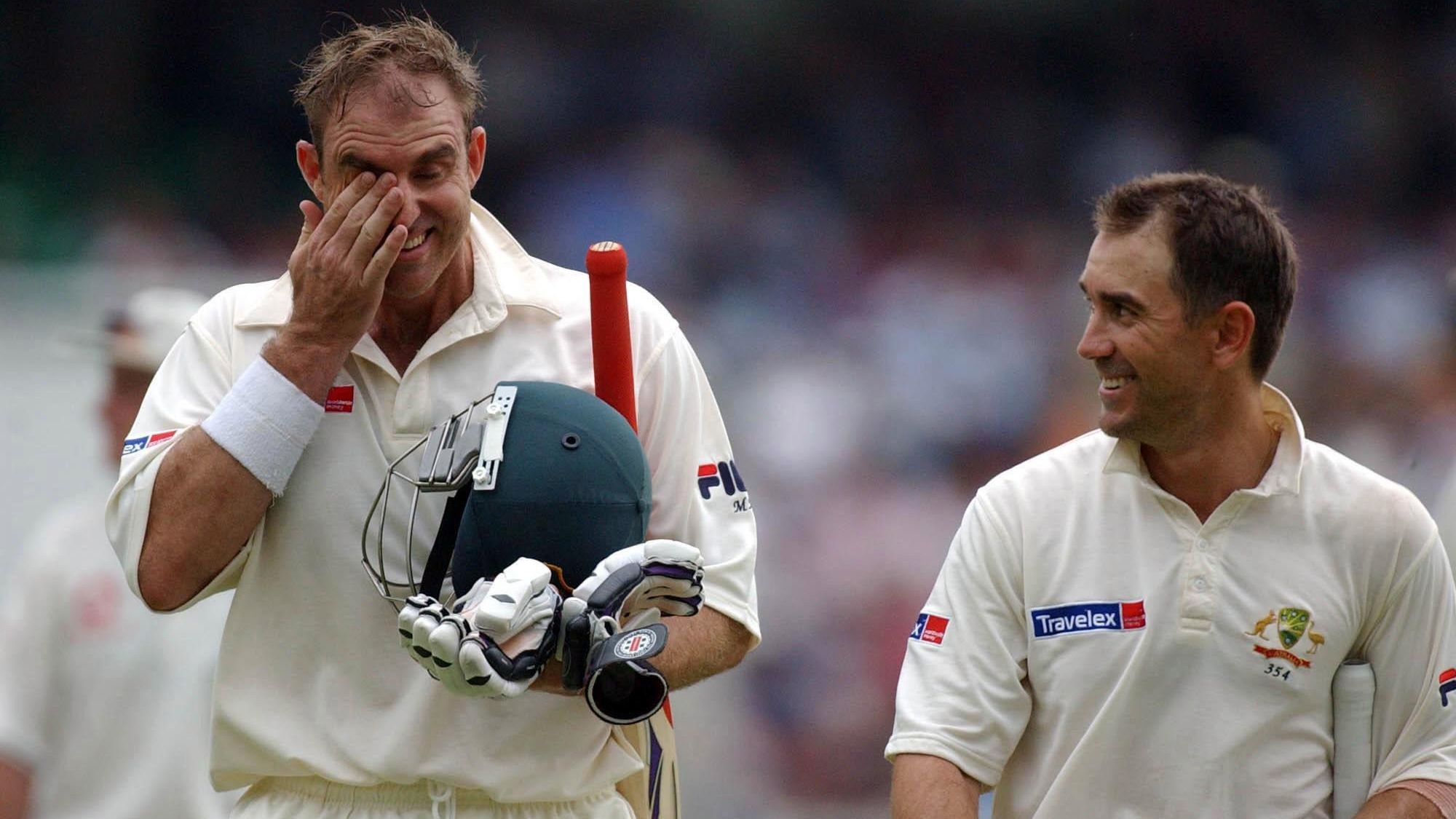 Australia&#x27;s Justin Langer (R) and Matthew Hayden share a joke during the second day of the fifth npower Test match against England at the Brit Oval, London, Friday September 9, 2005. PRESS ASSOCIATION Photo. Photo credit should read: Chris Young/PA.   (Photo by Chris Young - PA Images/PA Images via Getty Images)