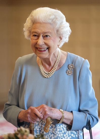 Queen Elizabeth II smiles during a reception with representatives from local community groups to celebrate the start of the Platinum Jubilee, at Sandringham House, her Norfolk residence