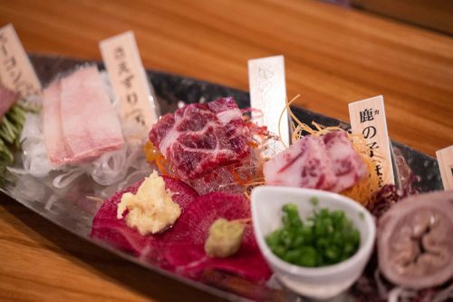 This picture taken on May 20, shows whale meat sashimi at a 'Nisshinmaru' whale meat restaurant in Shimonoseki city, Yamaguchi prefecture.