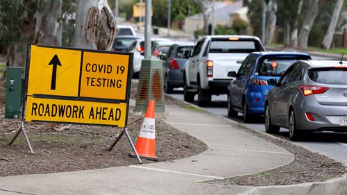 Traffic queued at the pop up Covid-19 testing site at Waterworld in Ridgehaven in Adelaide, South Australia.