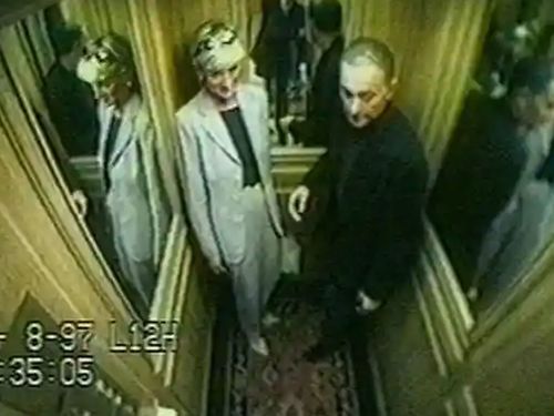 Diana with Dodi Fayed in the lift of the Ritz hotel