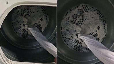 Dryer, melted plastic, tangled bedding