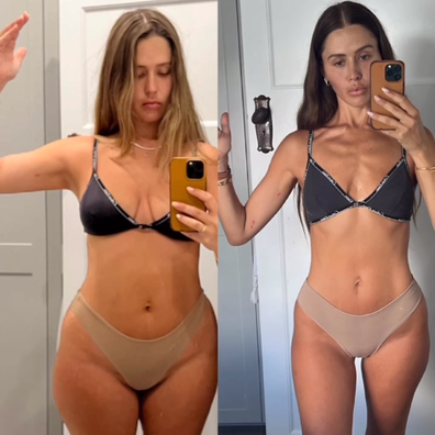 Ruby Tuesday Matthews shares before and after post-baby body transformation.