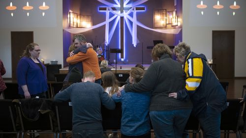 Relatives of Lily Peters comforted each other and prayed together at a vigil for the 10 year-old girl at Valley Vineyard Church in Chippewa Falls, Wisc. Monday evening, April 25, 2022. Lilly Peters was found dead in a park earlier in the day after being reported missing the night before. ] JEFF WHEELER Jeff.Wheeler@startribune.com