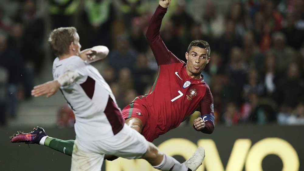 Cristiano Ronaldo scored twice against Latvia. (AAP)