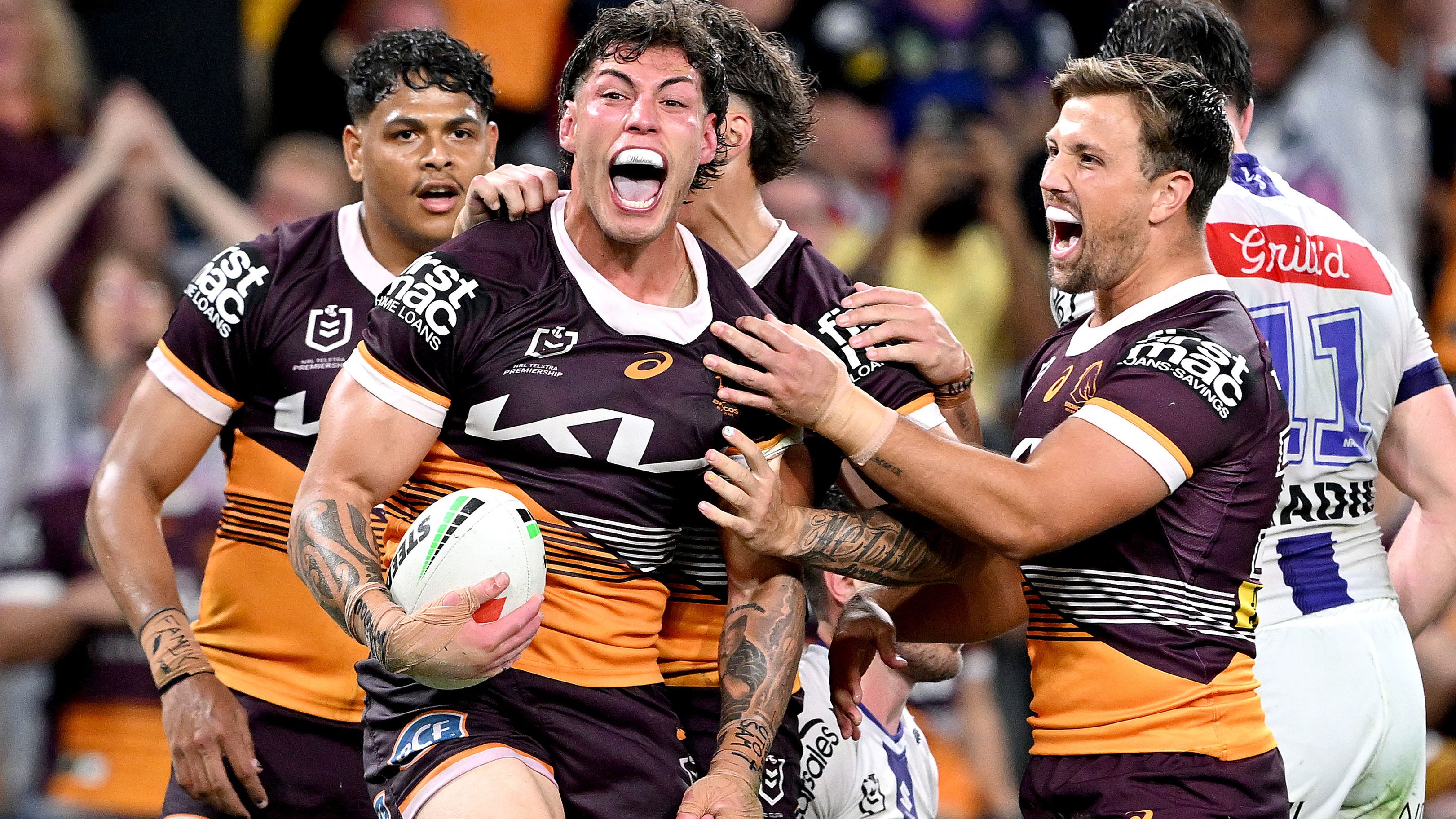 BRISBANE, AUSTRALIA - SEPTEMBER 08: Jordan Riki of the Broncos celebrates after scoring a try during the NRL Qualifying Final match between the Brisbane Broncos and Melbourne Storm at Suncorp Stadium on September 08, 2023 in Brisbane, Australia. (Photo by Bradley Kanaris/Getty Images)