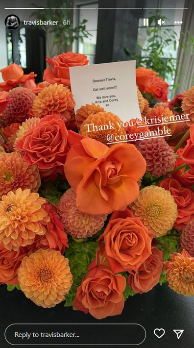 Travis Barker shares photo of flowers sent to him by mother-in-law Kris Jenner and her beau, Corey Gamble.