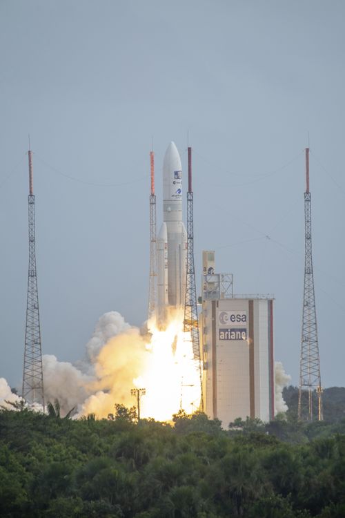 This photo provided by the European Space Agency shows an Ariane rocket carrying the Jupiter Icy Moons Explorer, Juice, spacecraft lifting off from Europe's Spaceport in Kourou, French Guiana, Friday, April 14, 2023.