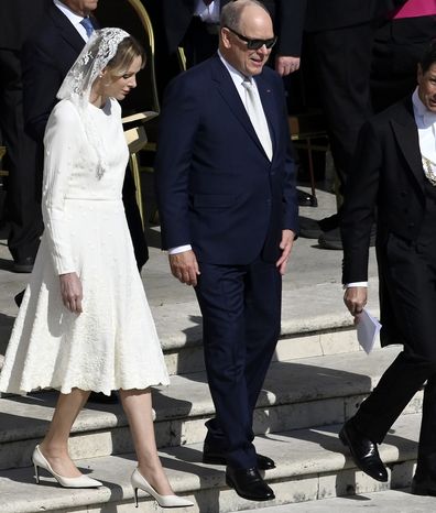 VATICAN CITY, VATICAN - MAY 18: Princess Charlene of Monaco and Prince Albert II of Monaco arrive ahead of the Inauguration Mass of Pope Leo XIV in St Peter's Square on May 18, 2025 in Vatican City, Vatican. Pope Leo XIV (formerly Cardinal Robert Francis Prevost) presided over his inauguration mass in St Peter's Square after his election on May 8th. (Photo by Antonio Masiello/Getty Images)