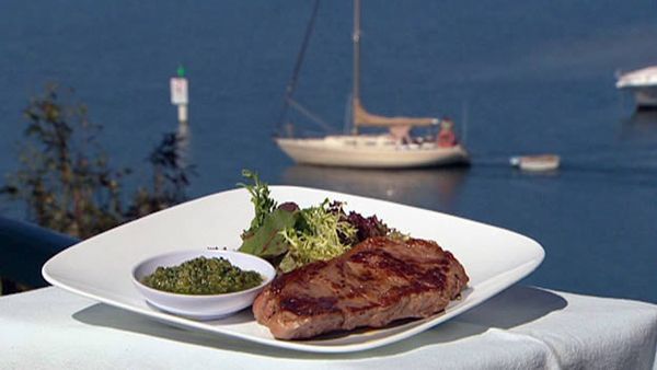 Char-grilled sirloin steak with salsa verde