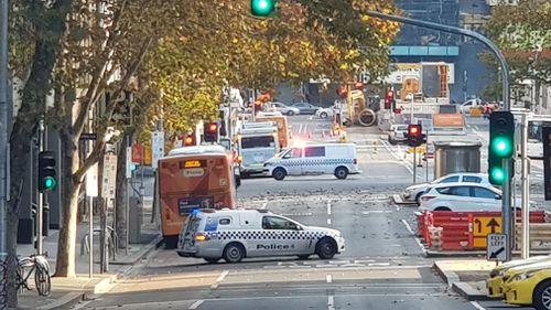 Part of Melbourne's CBD has been shut down after the bomb squad was called in to inspect a suspicious item found on a bus. Picture: 9NEWS.