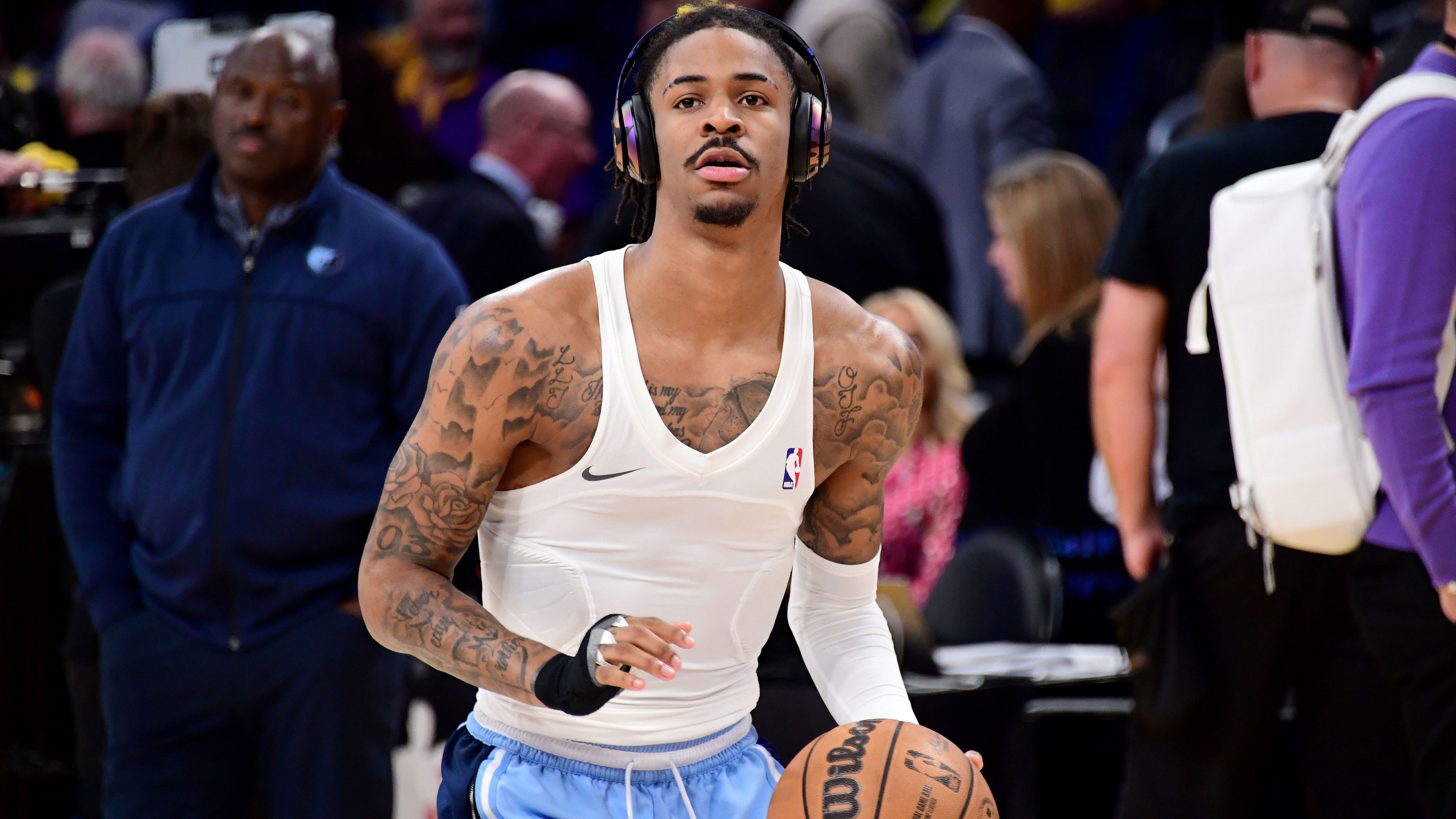 Ja Morant #12 of the Memphis Grizzlies warms up before a game against the Los Angeles Lakers during the playoffs.