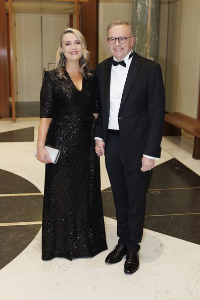 Jodie Haydon and Prime Minister Anthony Albanese during arrivals at the Midwinter Ball, at Parliament House in Canberra on Wednesday 7 September 2022. fedpol Photo: Alex Ellinghausen
