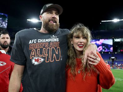 Travis Kelce thanks Taylor Swift 'for joining the team,' and the two are seen here on Jan. 28.