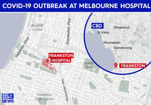 Location of Frankston Hospital, in Melbourne, Victoria, where a new cluster outbreak has occurred. 