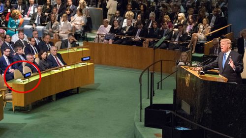 The North Korean delegation table is empty as American President Donald Trump speaks during the 72nd session of the United Nations General Assembly (AP Photo/Mary Altaffer).