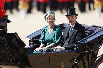 LONDON, ENGLAND - JUNE 14: Sophie, Duchess of Edinburgh and Vice Admiral Sir Timothy Laurence attend Trooping The Colour 2025 at Buckingham Palace on June 14, 2025 in London, England. Trooping The Colour is a ceremonial parade celebrating the official birthday of the British Monarch. The event features over 1,400 soldiers and officers, accompanied by 200 horses. More than 400 musicians from ten different bands and Corps of Drums march and while performing. (Photo by John Phillips/Getty Images)