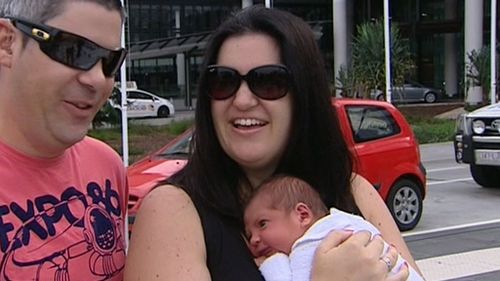 Richie and Brooke McDonald's second child Carter came into the world in dramatic fashion. (9NEWS)