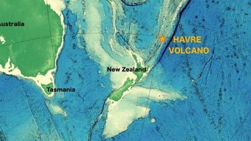 The Havre volcano in relation to Australia and New Zealand. 
