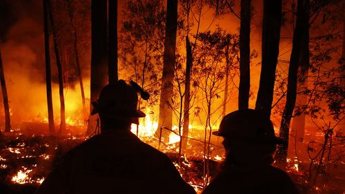 CFA crews monitor bushfires and begin back burns between the towns of Orbost and Lakes Entrance in east Gipplsland  on January 02, 2020 in Australia. 