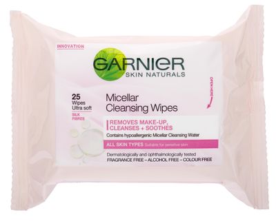 <a href="http://www.garnier.com.au/face/beauty/garnier/micellar-cleansing-water?gclid=CNKM7bPi284CFQUHvAoddCYHKw" target="_blank">Garnier Skin Naturals Micellar Cleansing Wipes, $6.95.</a>