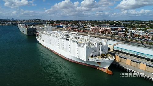 The Awassi Express remains stuck at Freemantle Port. (9NEWS)