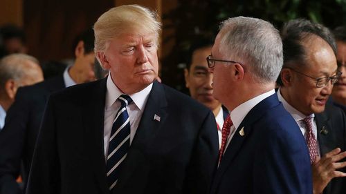 Donald Trump talks to Malcolm Turnbull in Hamburg.