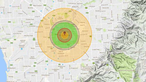 How Adelaide would be affected by a nuclear attack. (Nukemap)