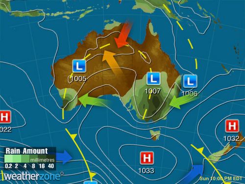 Weatherzone forecast map for Monday 10:00pm AEDT