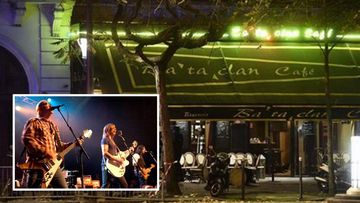 Damage outside the Bataclan  venue, and Eagles of Death Metal (inset).