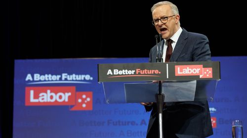 Opposition Leader Anthony Albanese during the Labor Campaign Rally at the Howard Smith Wharves in Brisbane, Queensland, on Sunday 15 May 2022. ausvotes22 fedpol Photo: Alex Ellinghausen