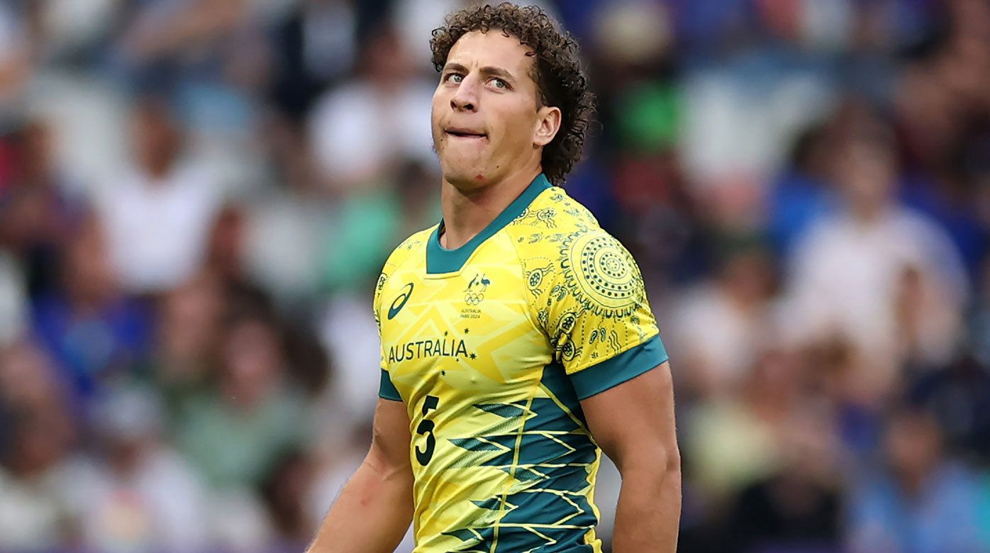 Mark Nawaqanitawase reacts during Australia&#x27;s win over Samoa on day one of the rugby sevens at the Olympic Games in Paris.