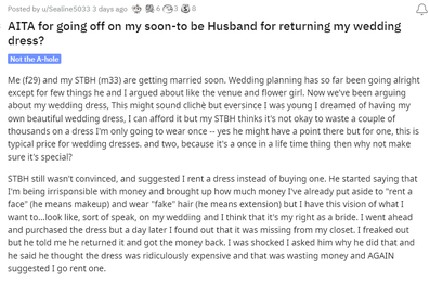 Groom returns expensive wedding dress Reddit